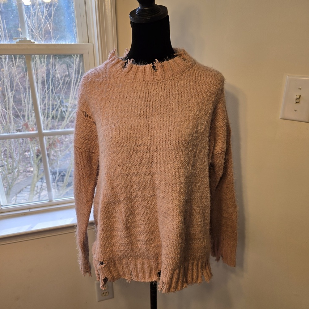 POL Distressed Knit Pullover Sweater Pink Fuzzy Cropped Distressed Size S NWOT